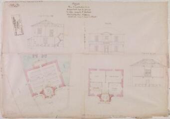 1 vue Projet pour la construction d'une maison d'école dans la commune de Cier, modifié selon l'avis du Conseil des bâtiments, coupes, plan du rez-de-chaussée et du 1er étage, façade. Castex, architecte. 19 décembre 1851. Ech. 0,01 p.m.