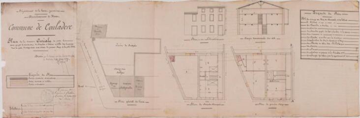 1 vue Commune de Couladère, plan de la maison curiale de cette commune avec projet de construction de chambres et latrines à établir dans la grange, plan général des lieux, élévation, coupe transversale, plans du rez-de-chaussée et du 1er étage. Duprat. 25 février 1870. Ech. 0,005 p.m. et 0,01 p.m.