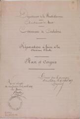 3 vues Commune de Couladère, réparations à faire à la maison d'école, plans du rez-de-chaussée, du 1er et du 2ème étages et du sous-sol, élévation, coupes, plan et élévation des modifications projetées pour salle d'école et cuisine, élévation du préau. Duprat. 15 avril 1887. Ech. 0,01 p.m.
