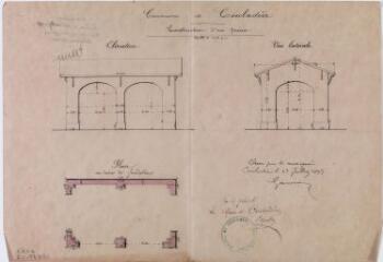 1 vue Commune de Couladère, construction d'un préau, élévation, plan, vue latérale. Garros. 23 juillet 1893. Ech. 0,01 p.m.