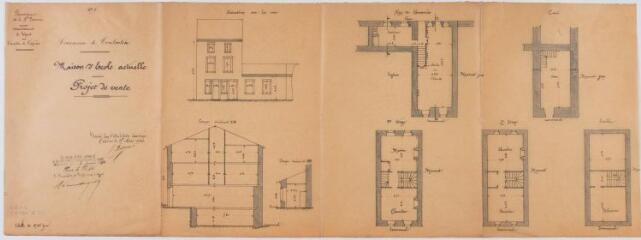 1 vue Commune de Couladère, maison d'école actuelle, projet de vente, élévation, coupes, plans du rez-de-chaussée, des 1er et 2ème étages, de la cave et des combles. Bilhard, architecte. 25 mars 1910. Ech. 0,01 p.m.