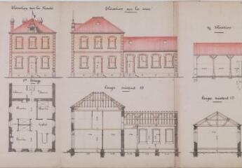 5 vues Commune de Couladère, projet de construction d'une maison d'école et salle de mairie, plan général, plan d'ensemble, plans du rez-de-chaussée et du 1er étage, élévations sur la route et sur la cour, coupe, élévation et coupe des préaux, détail d'une fenêtre de la salle de classe. Bilhard, architecte. 25 mai 1905. Ech. 1/1250 et 0,005 p.m. et 0,05 p.m.