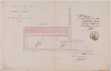 1 vue Commune de Couladère, église, projet des réparations à faire pour l'appropriation et la consolidation de cet édifice, coupe longitudinale. Jacques Esquié, architecte du département. 7 décembre 1859. Ech. 1/100.