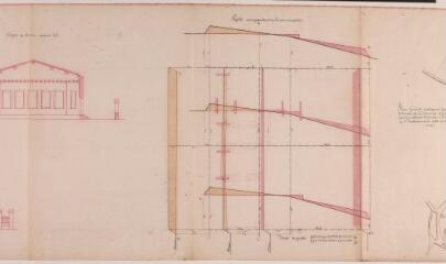 5 vues Commune de Maureville, projet de construction d'une maison d'école mixte et d'une salle de mairie, plan des lieux, plans du rez-de-chaussée et du 1er étage, coupes, plan d'élévation, profils, plan général. Pinel. 3 février 1893. Ech. 1/200 et 1/2500 et 1/100.