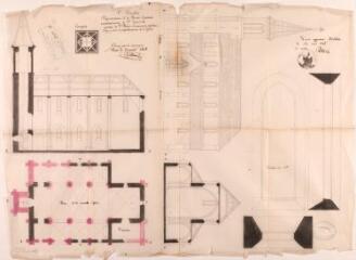 1 vue Commune de Melles, projet pour l'agrandissement de l'église, plan, élévation, coupes, détail d'une croisée. Bilhard, architecte. 20 avril 1865. Ech. 1/100.