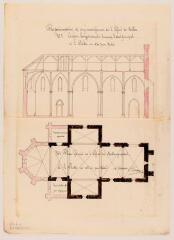 1 vue Restauration et agrandissement de l'église de Melles, coupe longitudinale et plan général. Loupot, architecte. 1855. Ech. 0,01 p.m.