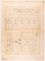 1 vue Elévation latérale de l'église de Melles, élévation du clocher en éventail montrant la nécessité de son exhaussement. Loupot, architecte. 1855. Ech. 0,01 p.m.
