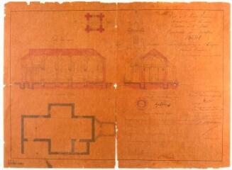 1 vue Commune de Melles, projet pour la reconstruction de l'église, coupes longitudinale et transversale, plan du beffroi, plan et élévation de l'ancienne église. Castex, architecte. 5 janvier 1874. Ech. 0,01 p.m.