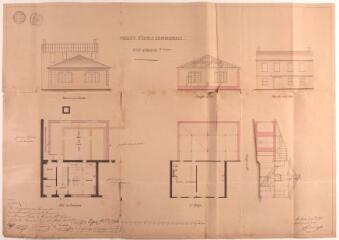 1 vue Projet d'école communale pour Miremont, façade sur le jardin et sur la rue, coupes, plan du rez-de-chaussée et du 1er étage. Bordes. 25 octobre 1856. Ech. 1/100.