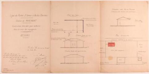 1 vue Ligne de Portet-Saint-Simon à Ax-les-Thermes, station de Miremont, construction d'un abri pour voitures dans la cour des voyageurs, plan, élévations, plan d'ensemble. 1912. Ech. n.d.
