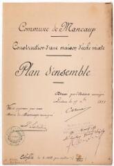 2 vues Commune de Moncaup, construction d'une maison d'école mixte, plan d'ensemble. Bauzil, architecte. 15 décembre 1891. Ech. 1/200.