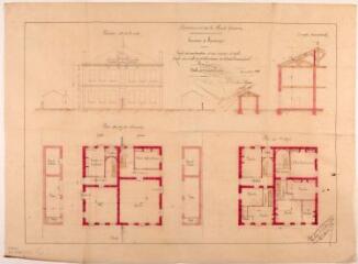 1 vue Commune de Mondavezan, projet de construction d'une maison d'école mixte avec salle de délibérations du conseil municipal, élévation côté de la route, plans du rez-de-chaussée et du 1er étage, demi coupe transversale. Dutour, architecte. 18 mai 1880. Ech. 0,01 p.m.