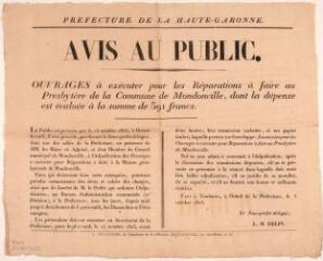1 vue Préfecture de la Haute-Garonne, avis au public, ouvrages à exécuter pour les réparations à faire au presbytère de la commune de Mondonville. 5 octobre 1825. Toulouse : imp. Jean-Matthieu Douladoure.