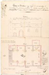 2 vues Plan et élévation d'un projet de reconstruction et démolition de plusieurs parties de l'église communale de Montgaillard, élévation de la façade principale, plan. Marseillan, agent voyer. 31 octobre1838. Ech. 0,01 p.m.
