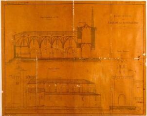 1 vue Commune de Montgeard, état actuel de l'église de Montgeard, coupe longitudinale, façade latérale, façade principale. Frédéric Delor, architecte des hospices civils de Toulouse. 8 janvier 1874. Ech. 0,01 p.m.