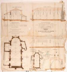 1 vue Commune de Montoulieu, projet de réparation de l'église, coupes, façade latérale, plan, plan général de l'emplacement. J.-A. Castex jeune, architecte. 7 mai 1874. Ech. 0,01 et 0,005 p.m.