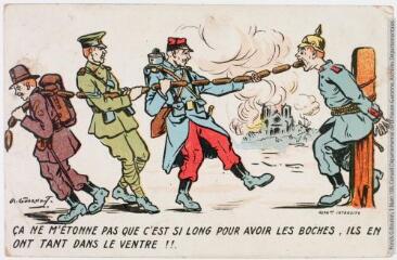 2 vues Ca ne m'étonne pas que c'est si long pour avoir les Boches, ils en ont tant dans le ventre !!. - 2 février 1919. - Carte postale