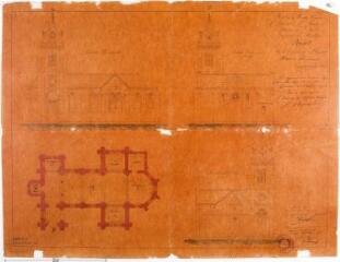 1 vue Commune de Melles, projet pour la reconstruction de l'église, plan, façade principale, façade postérieure et façade latérale. Castex, architecte. 5 janvier 1874. Ech. 0,01 p.m.