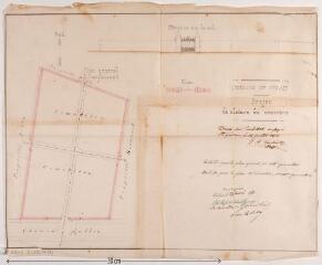 1 vue Commune de Nizan, projet de clôture du cimetière, plan général de l'emplacement, plan et élévation du mur et du portail. J.-A. Castex, architecte. 13 juillet 1876. Ech. 0,005 et 0,1 p.m.