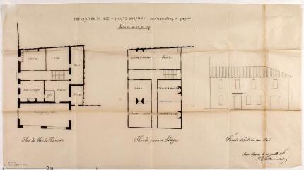 1 vue Presbytère de Noé dont la démolition est projetée, plans du rez-de-chaussée et du 1er étage, façade d'entrée au sud. Fauré, architecte. 10 juillet 1878. Éch. 0,01 p.m.
