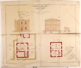 1 vue Commune de Noueilles, projet d'une maison d'école mixte avec salle de mairie, élévation, coupe, plans du rez-de-chaussée et du 1er étage. Germain Dutour, architecte. 5 mai 1877. Éch. 0,01 p.m.