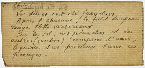 5 vues 8. Les dunes ont été franchies. Après l'épreuve, le petit drapeau rouge flotte victorieux. Sur le sol, nos planches et des outres (guerbas) remplies d'eau, liquide très précieux dans ces parages.