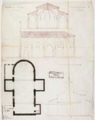 1 vue Commune de Layrac, projet d'achèvement de l'église, coupes, plan, élévation. Alexandre Laffon, architecte. 10 août 1850. Ech. 1/100.