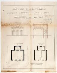 1 vue Canton de Léguevin, construction d'un abattoir, façade principale, coupe, plan du rez-de-chaussée, plan des séchoirs 1er étage. Lapierre, architecte. 31 juillet 1866. Ech. 0,01 p.m.