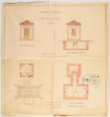 1 vue Commune de Léguevin, projet de pont à bascule, face d'entrée de la loge, coupe longitudinale de la fosse, plan horizontal, plan de la maçonnerie d'établissement du mécanisme. Dargassies, architecte. 3 janvier 1885. Ech. 0,02 p.m.