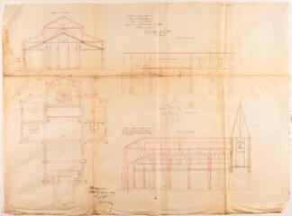 2 vues Commune de Lestelle, appropriation et restauration de l'église, coupes en travers et en long, plans, façades latérales, plan général. Fauré, architecte. 5 avril 1859. Ech. 0,01 et 0,0005 p.m.