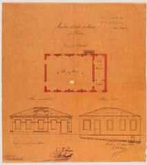 1 vue Maison d'école et mairie de Lanta, plan du rez-de-chaussée, façade principale et face ouest. Joseph Galinier, architecte. 7 août 1881. Ech. 0,01 p.m.