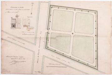 1 vue Commune de Lodes, projet de construction d'un mur de clôture au nouveau cimetière, élévation du portail et d'un pilier, plan. Hippolyte Daignas. 21 mars 1889. Ech. 0,02 et 0,005 p.m.