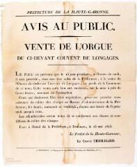 1 vue Préfecture de la Haute-Garonne, avis au public, vente de l'orgue du ci-devant couvent de Longages. 15 mai 1815. Toulouse : imp. Jean-Matthieu Douladoure.