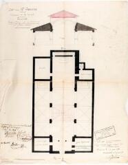1 vue Commune de Longages, église, projet de travaux à faire pour l'exhaussement des murs de la nef et construction d'une voûte à la Philibert Delorme, coupe, plan. Esquié, architecte du département. 27 juin 1851. Ech. 1/100.