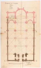 1 vue Commune de Longages, église, plan. Esquié, architecte. 21 juillet 1879. Ech. 0,01 p.m.