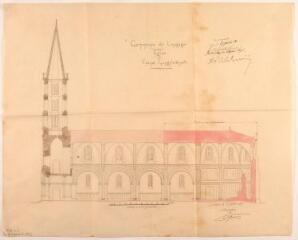 1 vue Commune de Longages, église, coupe longitudinale. Esquié, architecte. 21 juillet 1879. Ech. 0,01 p.m.