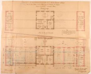 1 vue Projet d'agrandissement de la maison d'école pour les deux sexes et de la mairie pour la commune de Longages, plans du rez-de-chaussée et du 1er étage. Gazagne, architecte. 3 juin 1881. Ech. 0,01 p.m.