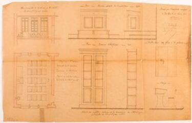1 vue Commune de Malvezie, détails du mobilier scolaire, faces et côtés du bureau-estrade de l'instituteur et de la bibliothèque-armoire, plan et coupe de table-banc des élèves à deux places, plan d'ensemble de la classe. Auguste Brevié, architecte. 5 février 1885. Ech. 0,02 et 0,1 p.m.