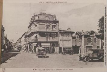 1 vue Les Pyrénées Ariégeoises. 308. Saint-Girons : avenue de la Gare. - Toulouse : phototypie Labouche frères, marque LF, [1936]. - Carte postale