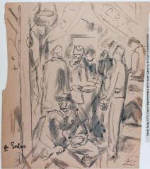 1 vue M. Serbes [titre par l'artiste] [le repas : groupe de cinq hommes debout et un assis].