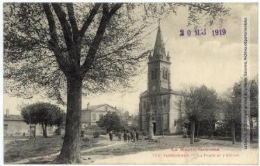 2 vues La Haute-Garonne. 752. Fonsorbes : la place et l'église. - Toulouse : phototypie Labouche frères, marque LF au verso, [1911], tampon d'édition du 20 mai 1919. - Carte postale