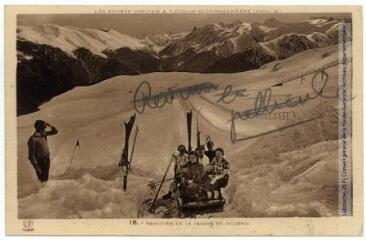 1 vue Les sports d'hiver à Luchon-Superbagnères (1800 m). 16. Remontée de la cabane en skigérin. - Toulouse : Photo Océan, Labouche frères, marque LF, [entre 1937 et 1950]. - Carte postale