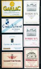 1 vue - Vins : J. Dubord (Saint-Porquier) ; Bordeaux des caves de la Frégate ; Comte de Vermont ; Comte de Noblet (Gaillac) ; Violet Quemin (Monbazillac). (ouvre la visionneuse)