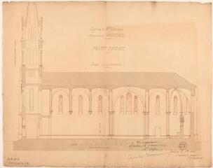 1 vue Commune de Mazères, projet d'église, coupe longitudinale. Edmond Chambert, architecte. 2 septembre 1876. Ech. 1/100.