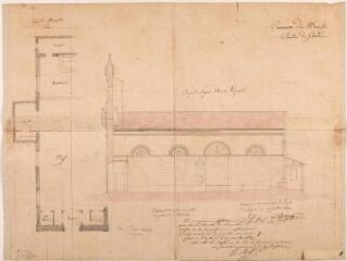 1 vue Commune de Merville, église, plan, coupe. Laffon et Laforgue, architectes du département. 7 juillet 1824. Ech. 0,01 p.m.