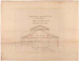 1 vue Restauration et agrandissement de l'église de Miramont, coupe en travers. Loupot, architecte. 15 janvier 1855. Ech. 0,01 p.m.