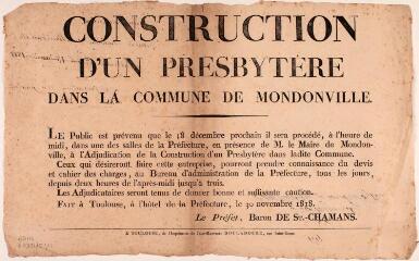 2 vues Construction d'un presbytère dans la commune de Mondonville? adjudication ? 30 novembre 1818. Toulouse : imp. Jean-Matthieu Douladoure.