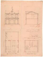 2 vues Projet de maison d'école pour les filles à Mondonville, élévation, coupe, plans du rez-de-chaussée et du 1er étage. Auguste Delort, architecte. 8 mai 1878. Ech. 0,01 p.m.