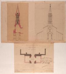 1 vue Projet de clocher pour l'église de Mons, coupe, élévation, plan. Auguste Delort, architecte de Saint-Aubin et du département. 10 novembre 1874. Ech. 0,01 p.m.