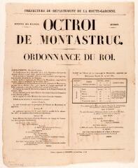 1 vue Préfecture du département de la Haute-Garonne, ministère des finances, octroi de Montastruc, ordonnance du roi. 10 mai 1832. Toulouse : imp. Vieusseux.